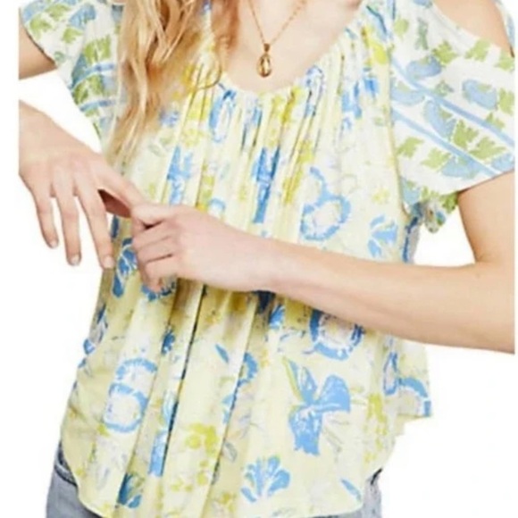 NEW Free People Baja Babe cold shoulder top Yellow Printed Lemon Gelato size XS - Picture 13 of 13